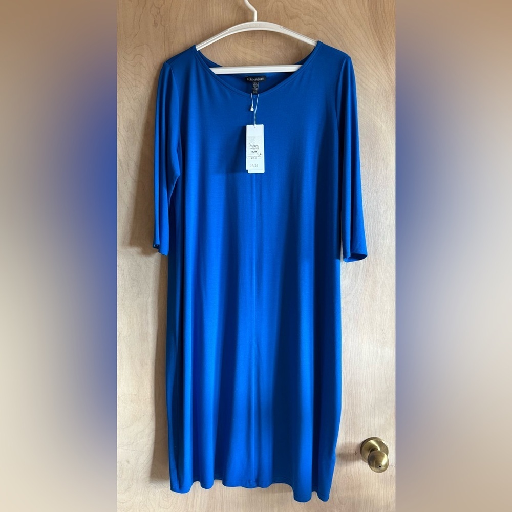 Eileen Fisher Jersey Dress Catalina Blue 3/4 Sleeve Minimalist Women’s M NWT